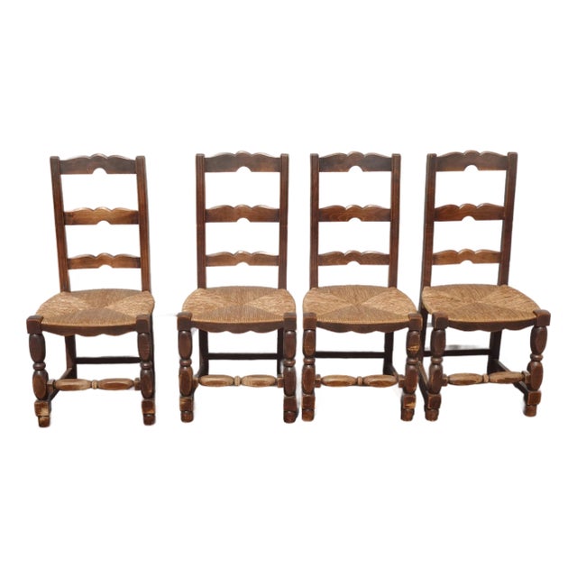 Set of Four Antique French Country Brown Rush Ladderback Chairs For Sale