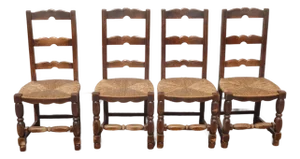 Set of Four Antique French Country Brown Rush Ladderback Chairs