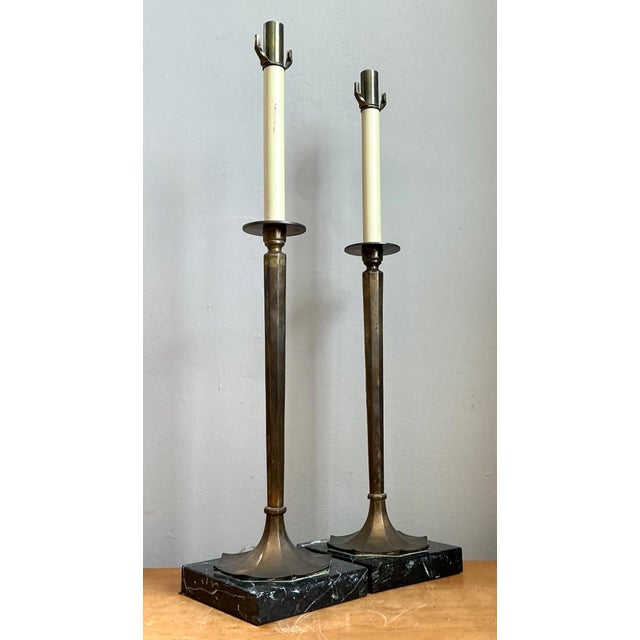 Chapman Manufacturing Company Vintage Chapman Brass and Marble Candlestick Lamps - A Pair For Sale - Image 4 of 18