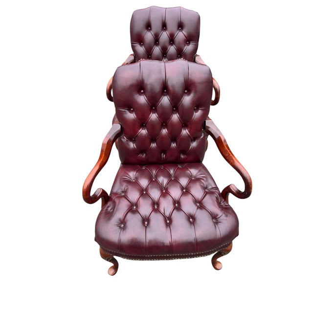 Late 20th Century Pair Red Chesterfield Tufted Leather Gooseneck Library Armchairs For Sale - Image 9 of 15