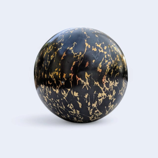 Vintage 1990s Metallic Black and Gold Marbleized Ceramic Orb Decorative Object Has Tapered Base with Rubber pad, so it can...