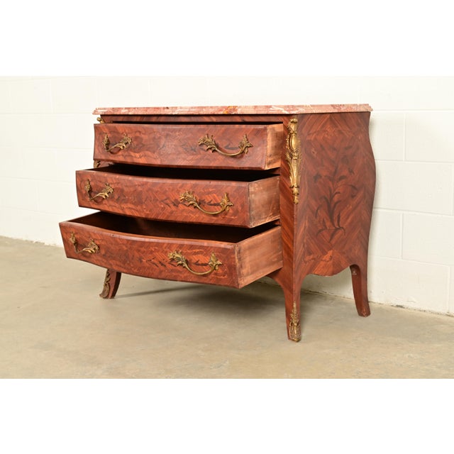 Paul Sormani Style Antique French Provincial Louis XV Kingwood Inlaid Marquetry Marble Top Commode With Mounted Ormolu | Circa 1920s For Sale In South Bend - Image 6 of 17