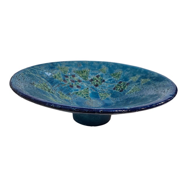 Bitossi Ceramic Pedestal Bowl Blue Rimini Blu 12in Mid Century Italy Pottery MCM For Sale