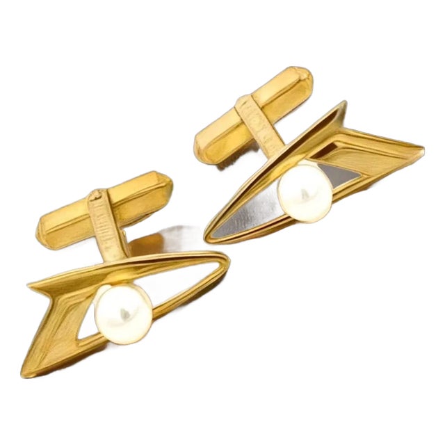 1990s Mikimoto Estate Akoya Pearl Cufflinks Overlay 14k Gold, 2 Pieces For Sale