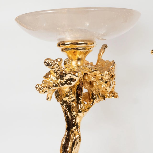 Metal 24Kt Gold Triple Branch Candlesticks W/ Rock Crystals by Claude Boeltz - a Pair For Sale - Image 7 of 13