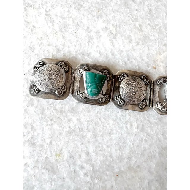 Vintage Aztec Carved Green Onyx and Sterling Silver Wrap Bracelet - Stamped For Sale In New York - Image 6 of 8