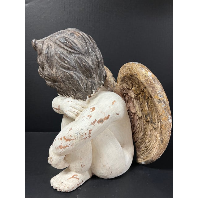 Vintage Carved Solid Wood Sitting Angel With Glass Eyes Sculpture For Sale In New York - Image 6 of 8