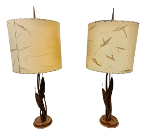 Mid-Century Modern Walnut Table Lamps W/Original Shades - Set of 2