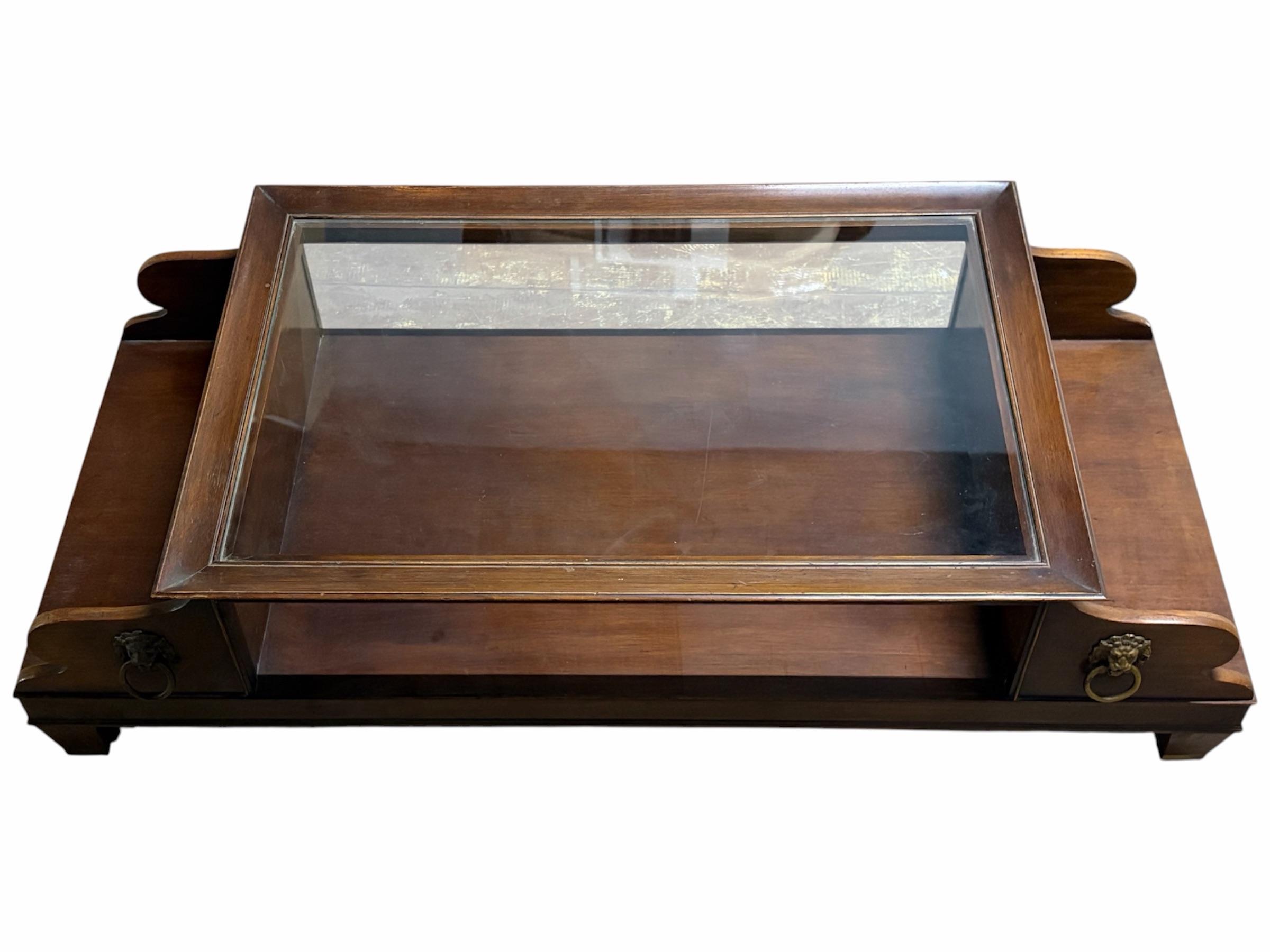 Vintage Empire-Style Glass Top Coffee Table With Lion Head Accents