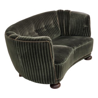 Danish 2-Seater Curved Sofa in Furniture Velour and Oak Wood, 1960s For Sale