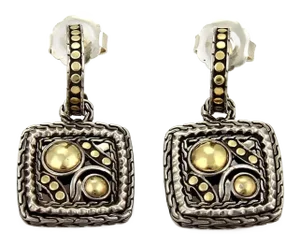 John Hardy Palu Hoop Square Shape 22k Gold & Sterling Silver Dangle Earrings - 2 Pieces