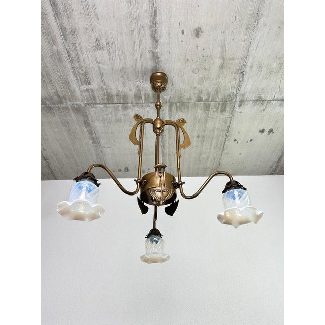 Art Nouveau 3-Arm Chandelier with Opal Iridescent Glass, 1960s For Sale - Image 3 of 15