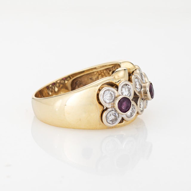 Modern Ruby Diamond Flower Ring Vintage 14k Yellow Gold Sz 8.5 Wide Cigar Band For Sale - Image 3 of 6
