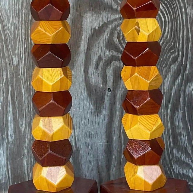 Chestnut Vintage Boho Stacked Faceted Wood Block Lamps - a Pair For Sale - Image 8 of 13