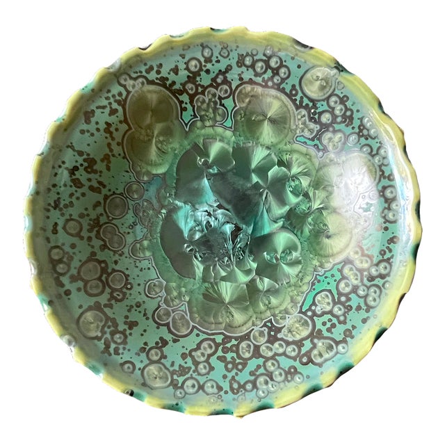 Kyle Kreigh Signed Crystalline Glaze Art Porcelain Pottery Bowl With Sculptural Beaded Rim For Sale