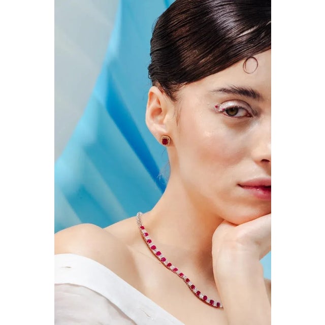 This is part of Chairish’s Fine Jewelry assortment. 14.8ct Octagon Ruby and Mixed Diamond Tennis Necklace in 18K Gold...