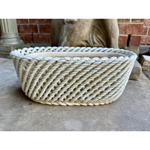 Vintage Spanish Porcelain Lattice Cache Pot / Planter With Rope Weave Design For Sale - Image 4 of 7
