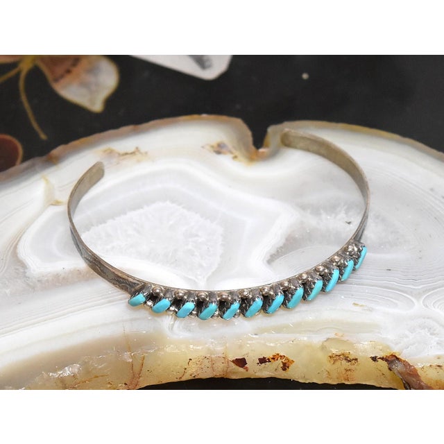 Native American Vintage 1970's Zuni Turquoise Petit Point Sterling Silver Cuff Bracelet For Sale - Image 3 of 18