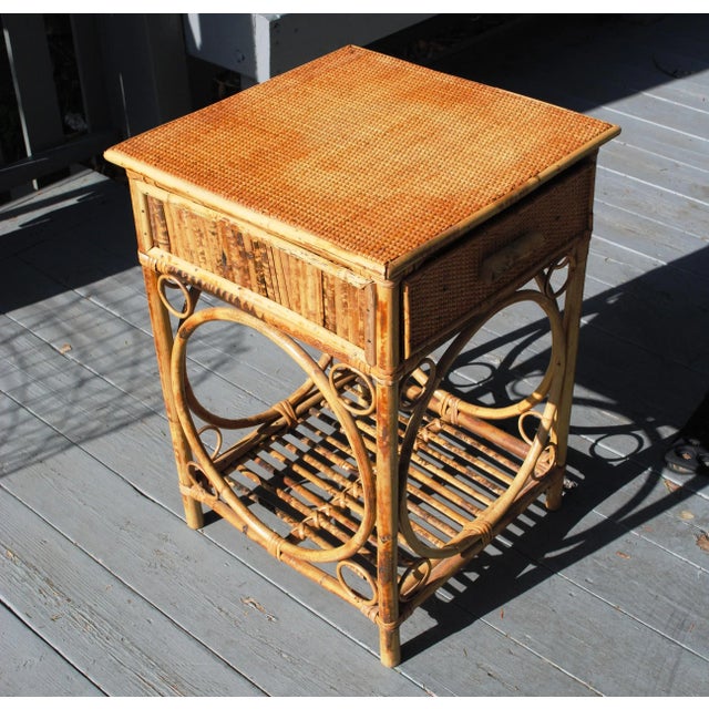 Late 20th Century Mid 20th Century Burnt Bamboo and Wicker Square Night Stand With Drawer For Sale - Image 5 of 7
