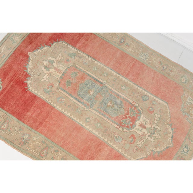 Apricot Vintage Turkish Oushak Rug With Pastel Coral Field and Muted Medallion For Sale - Image 8 of 9