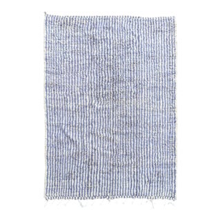 Moroccan Beni Ouarain Rug Blue Striped Wool Carpet Handmade Berber Minimalist Modern Design For Sale
