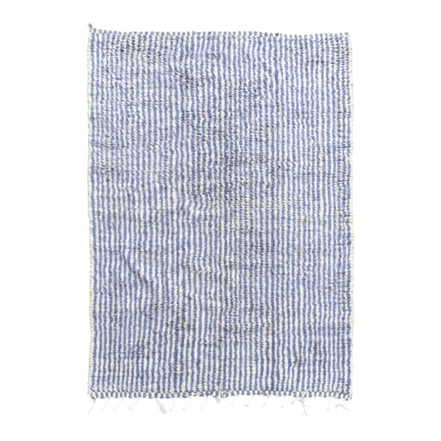 Moroccan Beni Ouarain Rug Blue Striped Wool Carpet Handmade Berber Minimalist Modern Design For Sale