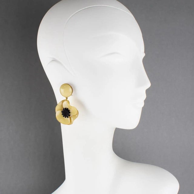 Cilea Paris Dangle Resin Clip Earrings Pale Yellow Poppy Flower For Sale - Image 9 of 9