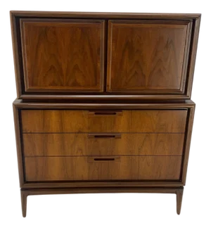 Mid Century Walnut 2 Doors Compartment 7 Drawer High Boy Chest Dresser