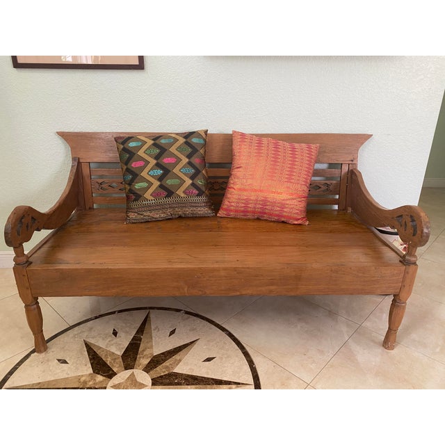 Vintage Hand-Carved Indonesian Solid Teak Daybed / Lounge Bench – Imported From Bali For Sale In Miami - Image 6 of 7