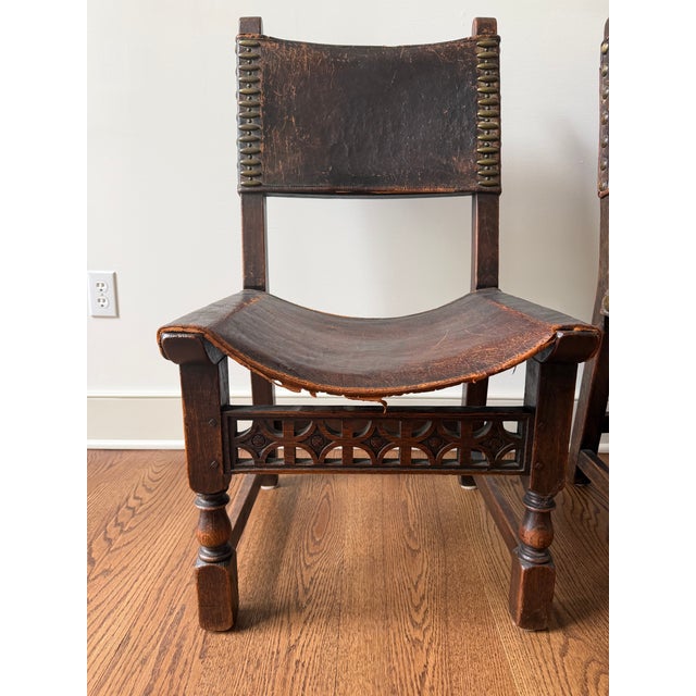 Spanish Revival Early 20th Century Spanish Baroque Revival Oak and Leather Side Chairs, a Pair For Sale - Image 3 of 14