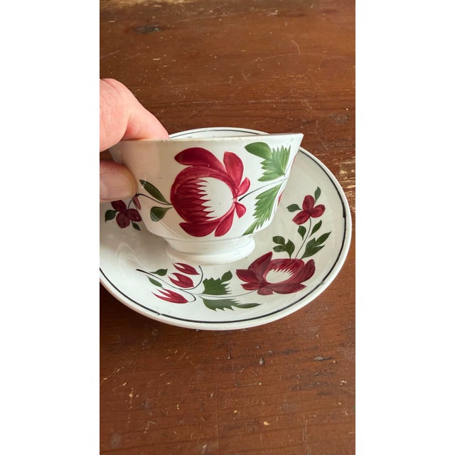 Red A Very Nice Pair of Antique Staffordshire Early Adam’s Rose Cup & Saucer, Circa 1830 For Sale - Image 8 of 12