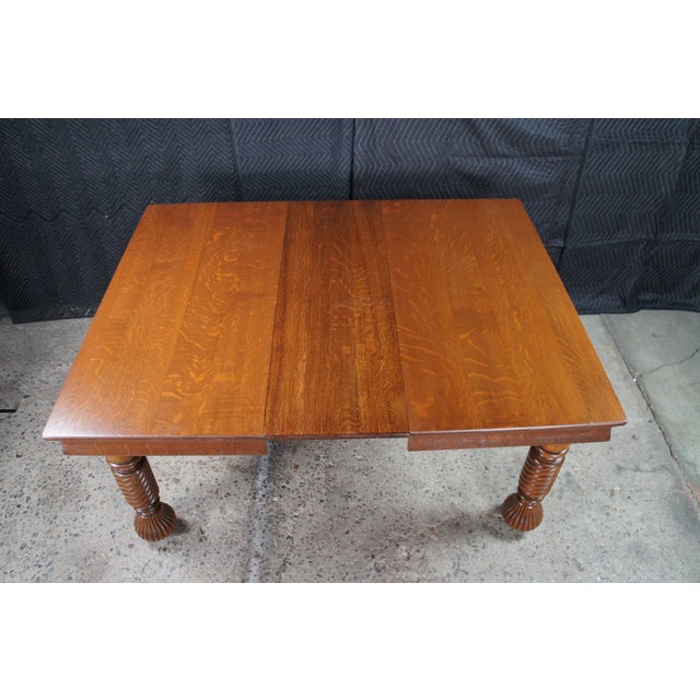 Antique American Arts & Crafts Quartersawn Oak Barley Twist Dining Table Extends For Sale - Image 18 of 18