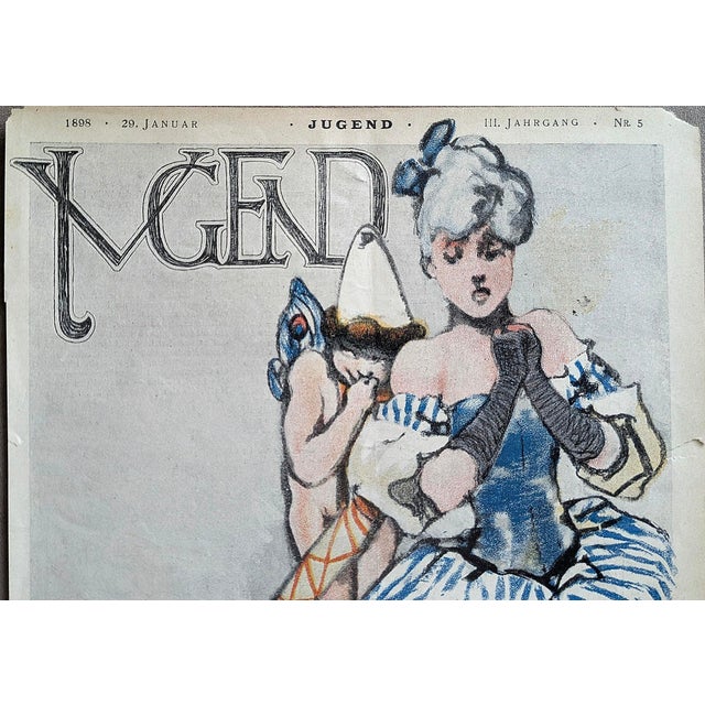 An original 1898 Jugend magazine cover (Vol. III, Issue No. 5) featuring a vibrant illustration by Austrian-Hungarian...