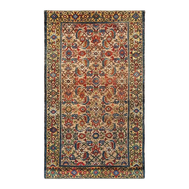 1920s Small Antique Camel Field Mahi Herati Paisley Malayer Knotted Wool Rug For Sale