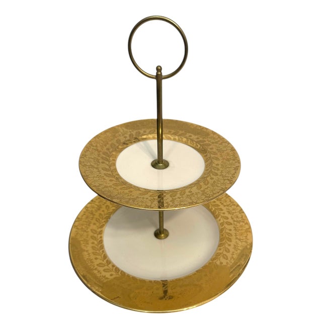 Metal Vintage Two-Tiered Serving Tray With 22k Gold Detailing For Sale - Image 7 of 10