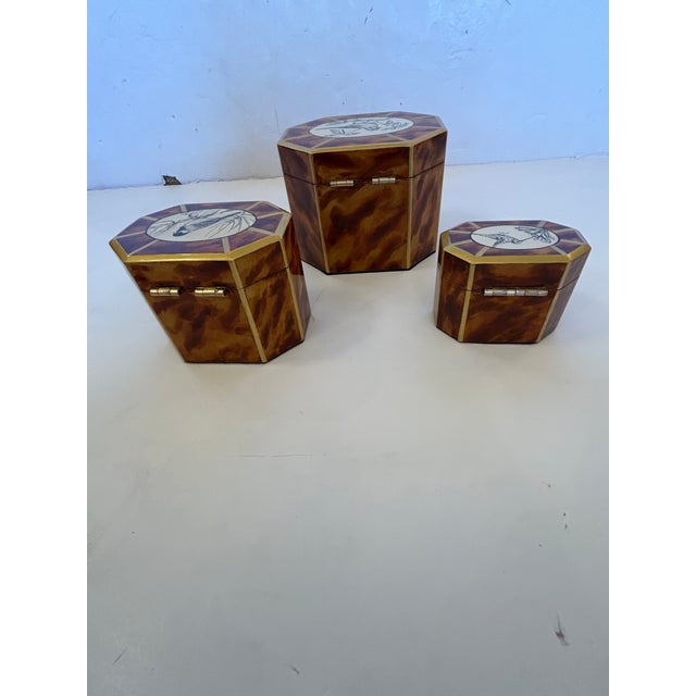 Artist Hand Painted Faux Tortoise & Pen & Ink Decorative Boxes - Set of 3 For Sale - Image 12 of 18