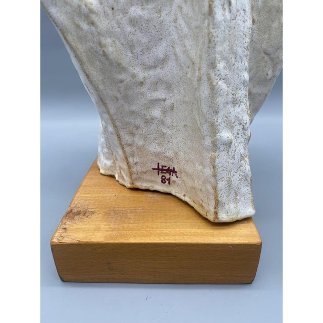 Cream Leandro Lega, Abstract Faenza Sculpture, 1981, Ceramic on Wooden Base For Sale - Image 8 of 14