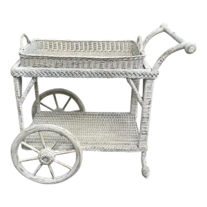 1970s Vintage Henry Link White Wicker Bar Cart