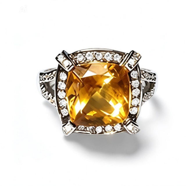 Mid 20th Century 14k White Black Gold Citrine Pave Diamond Ring Band, Size 7 For Sale - Image 4 of 4