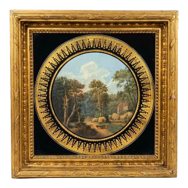 19th Century Reverse Painted Glass Pastoral Landscape in Giltwood Frame For Sale