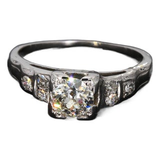 Mid 20th Century 14k White Gold 0.5ct Old Mine Cut Diamond Engagement Ring With Accents - Size 5 For Sale