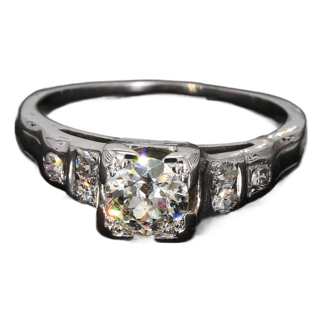 Mid 20th Century 14k White Gold 0.5ct Old Mine Cut Diamond Engagement Ring With Accents - Size 5 For Sale