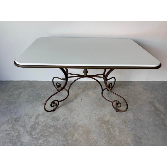1960’s French Hollywood Regency Metal & Brass Indoor/Outdoor Dining Table With White Marble Top For Sale - Image 4 of 12