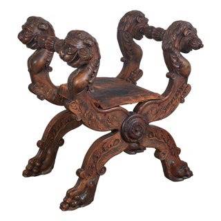 Monumental 19th-Century Renaissance Revival Carved Walnut Folding Stool For Sale