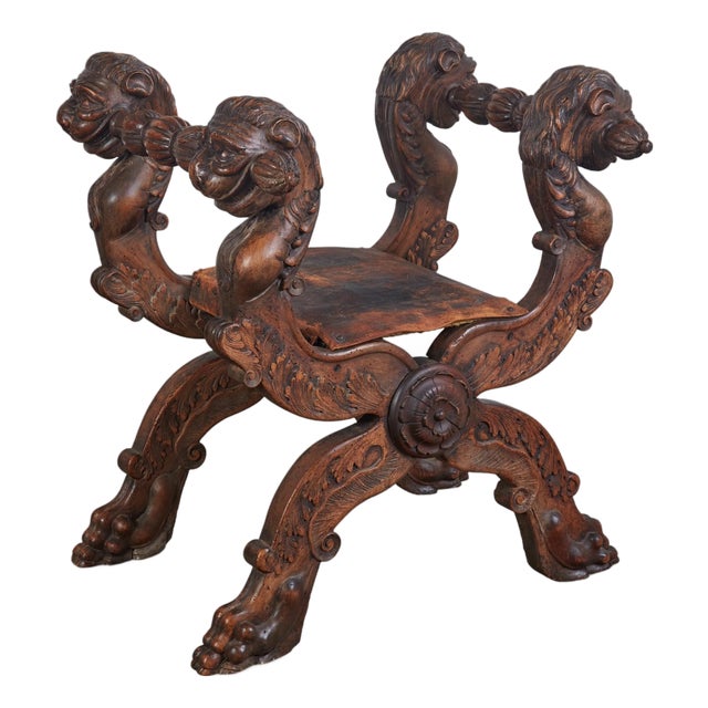 Monumental 19th-Century Renaissance Revival Carved Walnut Folding Stool For Sale