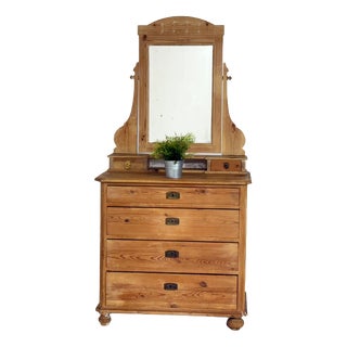 Antique Biedermeier Pine Brass Dressing Table with Mirror Attachment, 1900 For Sale