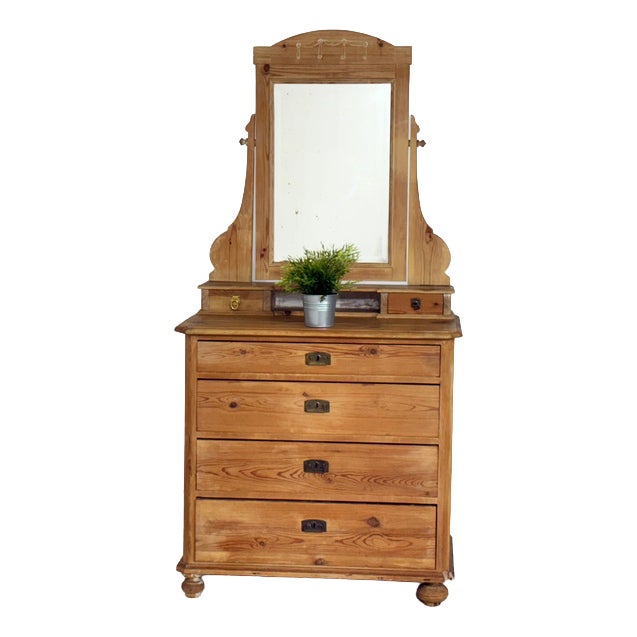 Antique Biedermeier Pine Brass Dressing Table with Mirror Attachment, 1900 For Sale