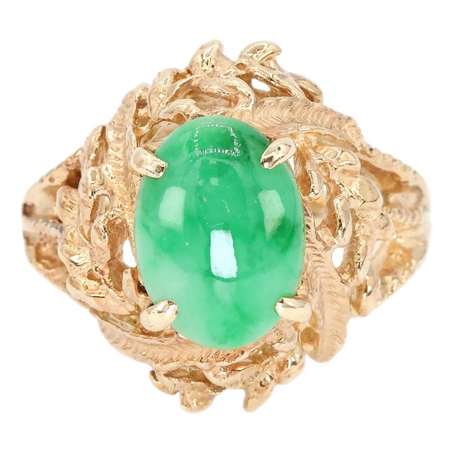 Mid 20th Century 14k Jade Ring Womens Size 6.25 Vintage Yellow Gold Cabochon Style For Sale