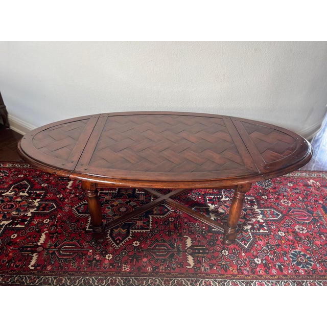 Brown Jonathan Charles Country Farmhouse Collection Oval Parquet Cocktail Table, Drop-Down Ends For Sale - Image 8 of 12