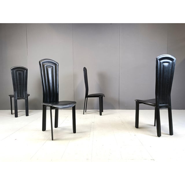 Postmodern Vintage Black Leather Dining Chairs, 1980s, Set of 4 For Sale - Image 3 of 10